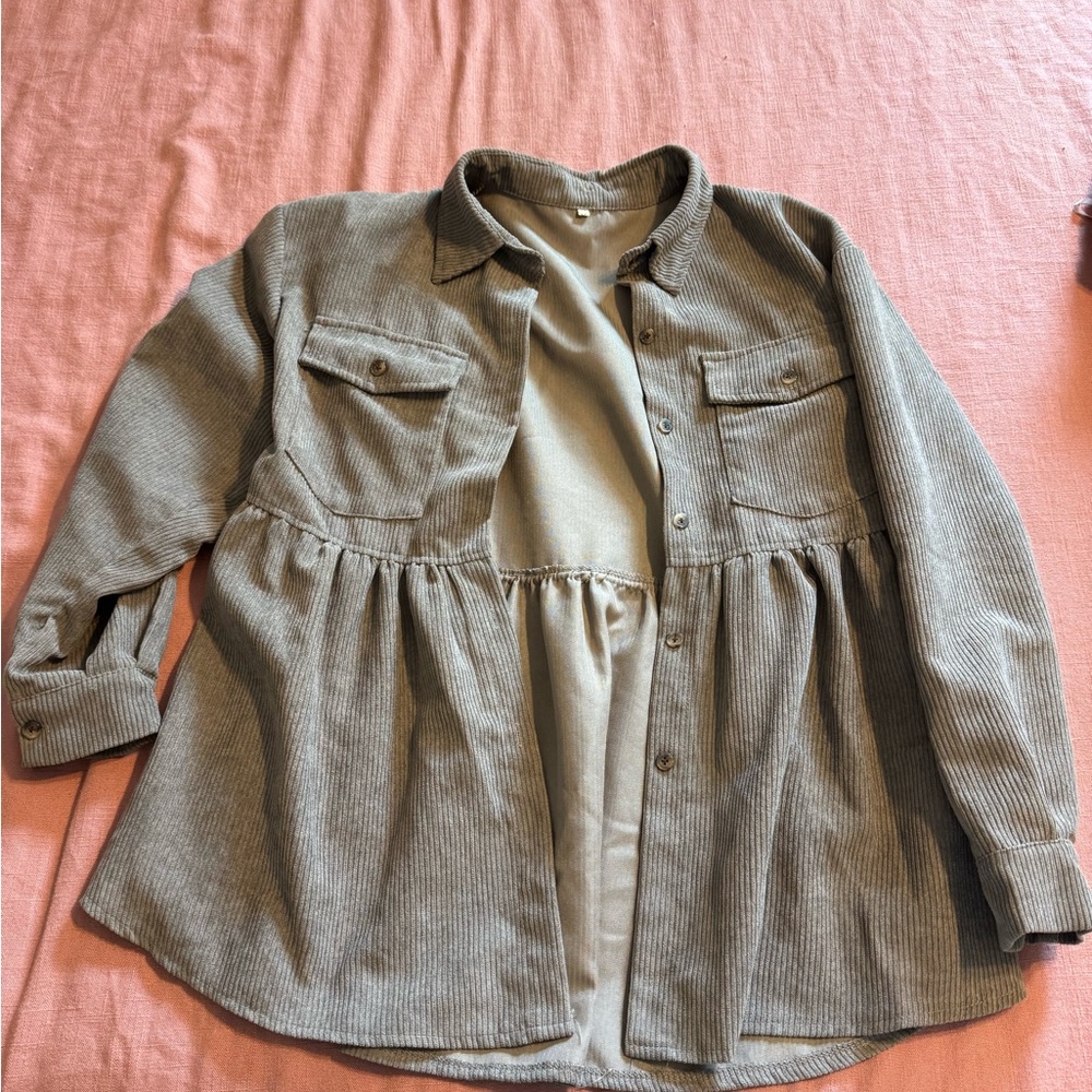 Corduroy Peplum Button-Up Shirt Jacket in Taupe